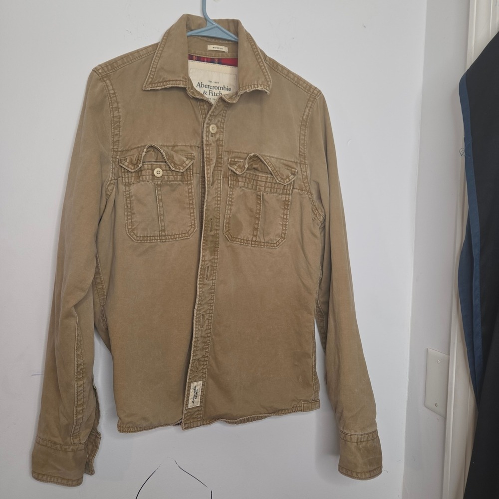 Abercrombie & Fitch Mens Muscle Fit Button Down Shirt Khaki Tan Plaid Lined Med